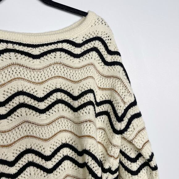 New Skies Are Blue Medium M Cream Black Gold Chevron Striped Open Knit Sweater - Picture 3 of 10